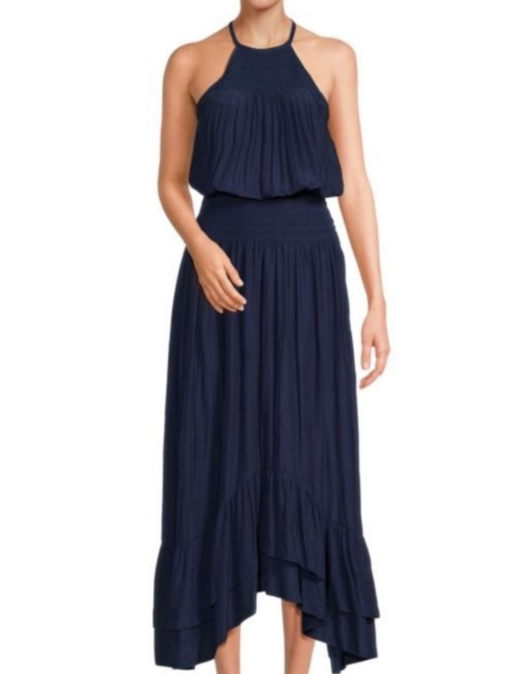 Ramy Brook Navy Halter Maxi Dress – Smocked Waist, Ruffle High-Low Hem – Size S